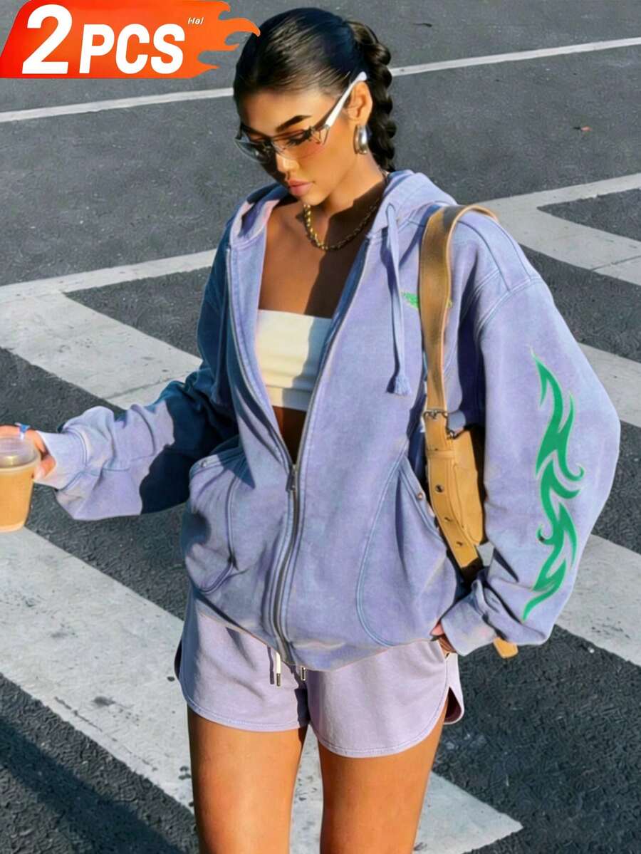 Cotton Letter Print Plus Size Crew Neck Loose Sweatshirt, Vacation Travel Beach, Casual Sports Elegant - Dark Gray-blue Top + Purple-blue Shorts - View 1
