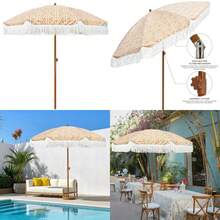 AMMSUN - Sombrilla de patio de 2.13 m con flecos para exteriores UPF50+ poste de acero de color madera y varillas de acero inclinación con botón de presión - Bohemio retro - Ver 1