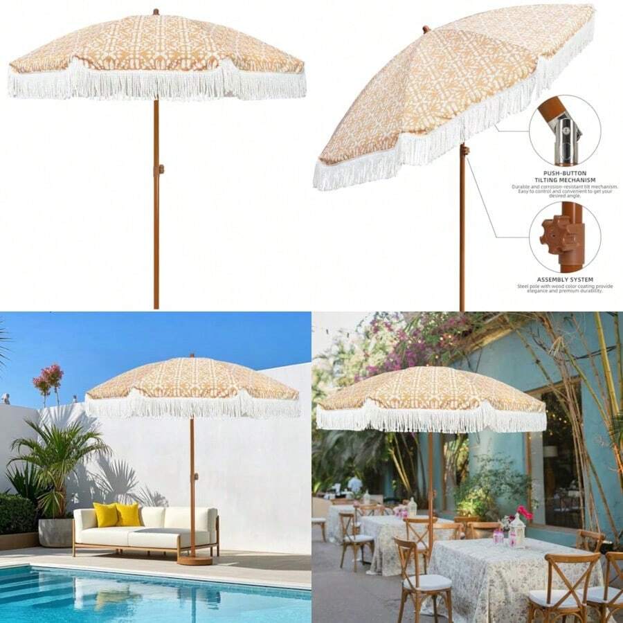 AMMSUN - Sombrilla de patio de 2.13 m con flecos para exteriores UPF50+ poste de acero de color madera y varillas de acero inclinación con botón de presión - Bohemio retro - Ver 1