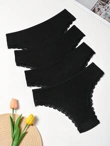 4 chiếc quần lót nữ màu đen viền ren, mềm mại và co giãn, dáng chữ T. - màu đen - Xem 2