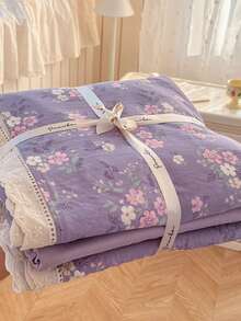 Bộ chăn ga gối họa tiết hoa oải hương gồm vỏ chăn và 2 vỏ gối, bộ đồ giường họa tiết hoa, vỏ chăn mềm mại và thoải mái theo phong cách Bắc Âu (không kèm ruột chăn), phù hợp cho ký túc xá sinh viên, phòng ngủ, giường đơn/đôi, sử dụng được quanh năm. - Màu tím hoa cà - Xem 4