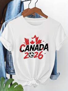 Summer New Arrival Casual 1pc Canada CANADA Football Maple Leaf Letter Print Women's Round Neck Spring Summer T-Shirt Short Sleeve, Exclusive Design For Canadian Football Fans And World Cup Spectators, Suitable For Watching Games, Travel Wear, Daily Casual Wear And Other Occasions. 100% Cotton Essential For Women T-Shirt Summer Top Graphic Print / Letter Print Daily Outfits - 白色 - 查看 7