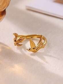 1Pc Dainty Swallow Bird & Leaf Rings For Women, Open Adjustable Stainless Steel Ring, Gold Ring, Nature Inspired Design Jewelry For Women, Birthday Gift, Fashion Accessories For Her - Multicolor - View 2
