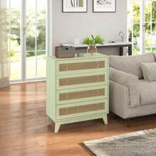 Chest Of Drawers 4-Drawer Storage Organiser Unit With Rattan Element For Bedroom Living Room Light Green - Green - View 8