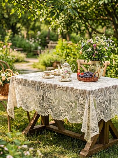 1pc Vintage Floral Lace Tablecloth, Delicate Semi-Transparent Embroidered Table Cover, Suitable For Weddings, Restaurants, Cafes And Home Decor