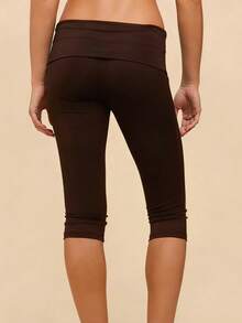 Womens Low Rise Capri Pants Fold Over Waistband Solid Color Slim Fit Cropped Pants Trousers - Marrón - Ver 2