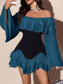 Vestido mini de manga larga con volantes y mangas acampanadas, de talla grande, elegante, romántico y sexy, con parches en blanco y negro, de gasa fluida y con hombros descubiertos, para primavera/otoño - Multicolor 6 - Ver 3