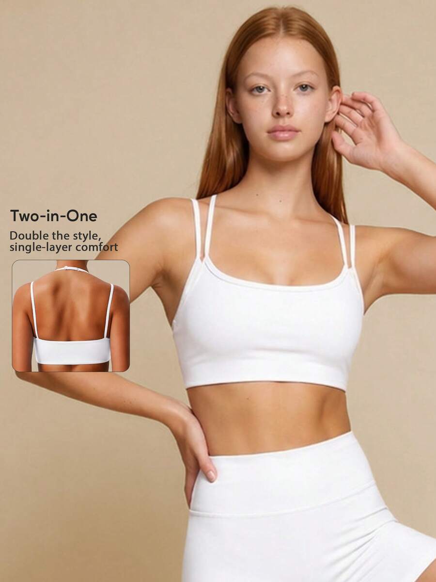 Women's Halter Neck Multi-Shoulder Adjustable Straps Double Layer Beauty Back Yoga Fitness Sports Bra - White - View 1