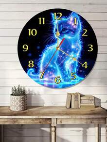 1pc 10-Inch/12-Inch Glowing Cat Wooden Wall Clock, Charming Silent | Large Roman Numerals, Perfect For Bedroom And Cat Lover Decor | Perfect Gift For Cat Lovers, Battery Operated (AA Battery), Decorative Wall Clock, Fun Decor, Glowing Cat Artwork, Cat Lover Gift - Multicolor - View 2