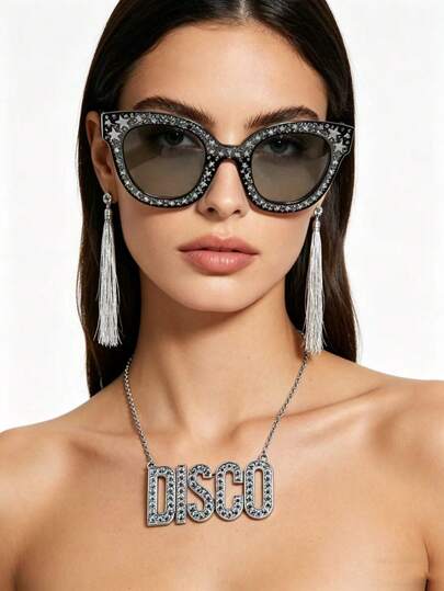 Disco Starry 3-Piece Set | Rhinestone Cat Eye Fashion Glasses + Tassel Earrings + Letter Necklace, Party Spotlight Matching Set! Perfectly Pairs With Sequin Skirts, Flare Pants, Metallic Tops - Shines Bright Under The Lights, Fully Aligns With The Theme. Retro, Y2K Baddie Style, Great Props For Photoshoots, The Fashion Glasses And Tassel Earrings Are Photo Magic.