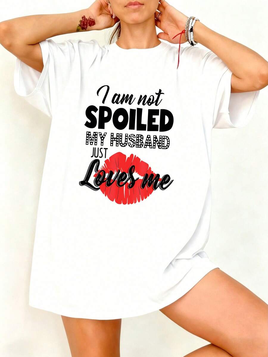 Camiseta blanca con estampado de labios rojos y texto I am not spoiled my husband just loves me para mujer casual - Blanco - Ver 1