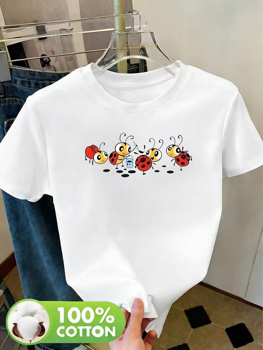 Ropa de primavera de las mujeres, ropa de verano, ropa de otoño, 100% moda, deportes, cuello redondo, manga corta, camiseta con impresión de cartas