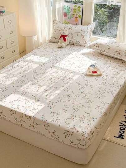 Juego de sábanas de 3 piezas con estampado de plantas, estilo nórdico minimalista, juego de ropa de cama suave y cómodo que incluye 1 sábana ajustable y 2 fundas de almohada, sin relleno, apto para dormitorio, habitación, disponible en varios tamaños