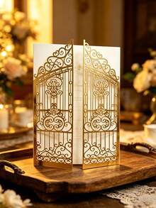 10pcs 5.1" X 7.1" Gold Metallic Laser Cut Folding Invitation Cards, Suitable For Wedding, Party, Christmas - Multicolor - View 4