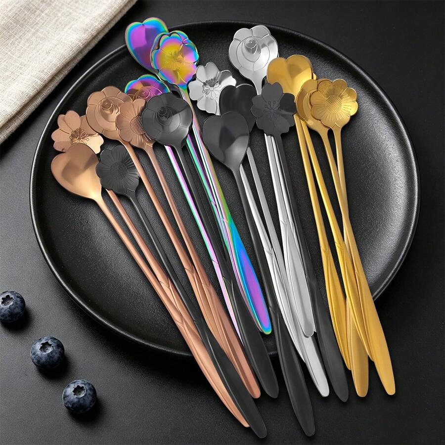 1/4件套不锈钢勺子套装，创意花卉设计，厨房用具，冰茶勺，冰咖啡勺，饮料搅拌勺，冰淇淋勺，鸡尾酒搅拌棒，长柄勺，甜点勺，多种颜色可选，尺寸：17.5厘米（6.88英寸）* 2.8厘米（1.1英寸），适用于餐桌、旅行、厨房、户外派对、下午茶、夏季饮品活动、海滩饮品、婚礼派对、结婚纪念日、母亲节礼物、派对礼品、蛋糕、冰淇淋、甜点派对等场合。