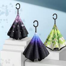 1pc C-Handle Reverse Umbrella, Waterproof Printed Canopy, Hands-Free For Car & Daily Use - Multicolor - View 2