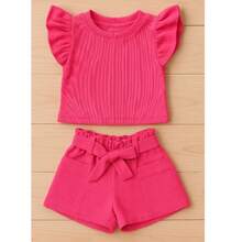 Children's And Teen Set: Cropped Blouse With Ruffles And Ribbed Detail + Linen Clochard Shorts. 2-Piece Set For Girls And Teenagers CJI033 - 粉紅色和泡泡糖粉紅色 - 查看 1