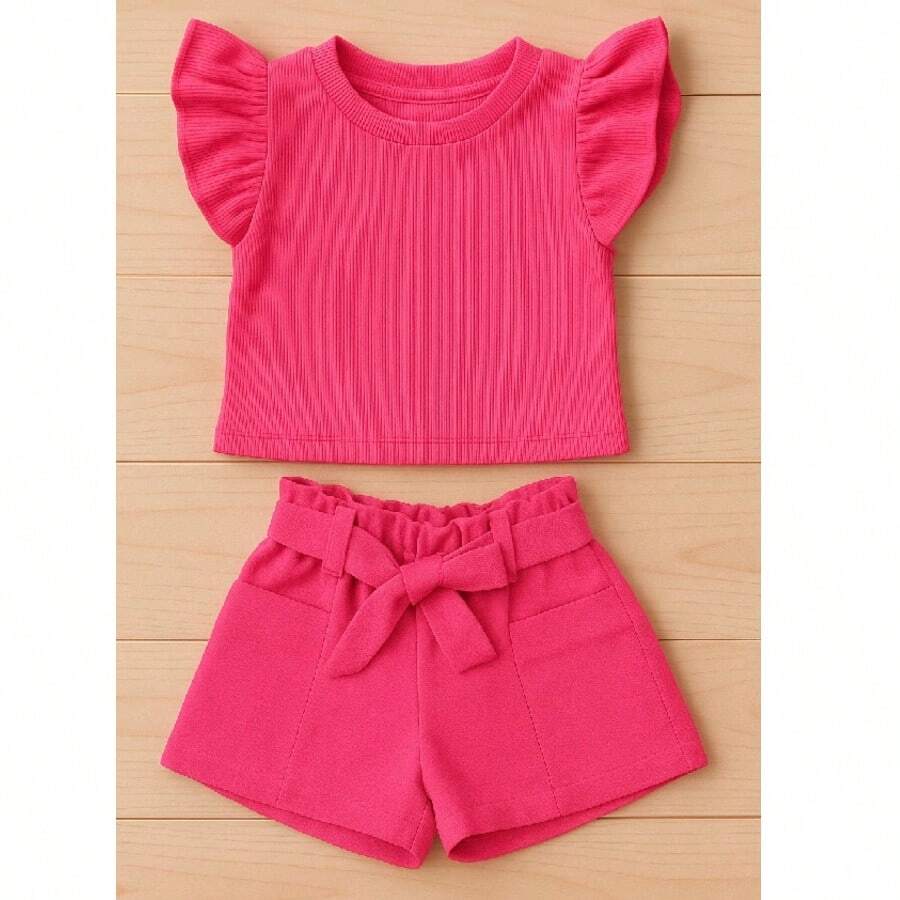 Children's And Teen Set: Cropped Blouse With Ruffles And Ribbed Detail + Linen Clochard Shorts. 2-Piece Set For Girls And Teenagers CJI033 - 粉紅色和泡泡糖粉紅色 - 查看 1