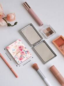 1pc Floral Countryside Vanity Folding Mirror, Compact Lightweight Portable PU Leather Hand Mirror, Suitable For All Occasions, Delicate Floral Rose Peony Tulip Blueberry Print Design, Foldable Rectangular Pocket Mirror - Multicolor - View 5