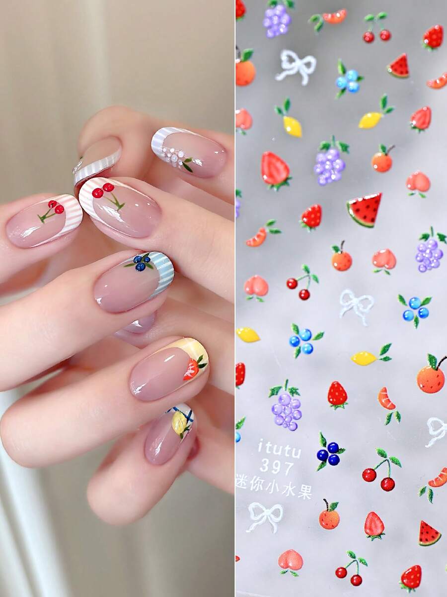 Hình dán móng tay mini hình trái cây dập nổi 5D, dâu tây, dưa hấu, anh đào, trang trí móng tay mùa hè tươi mát tự làm. - Nhiều màu - Xem 1