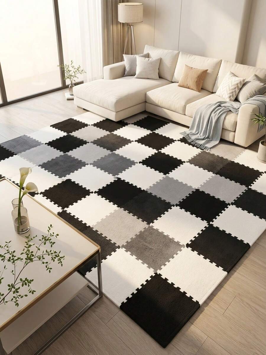 24pcs Plush Patchwork Carpet, Cute Fluffy Bedside Rug, Puzzle Foam Floor Mat, Square Window Cushion, Decorative For Living Room, Bedroom, Tatami, Game Room, 11.81*11.81 Inches, Washable & Trimmable Rug For All Seasons