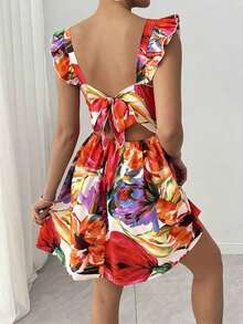 Vestido de estilo bohemio con estampado floral y mangas cortas para vacaciones y atuendo de playa - Multicolor - Ver 3