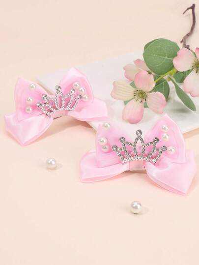 2 piezas Pinzas para el cabello con moño de satén rosa, elegantes pasadores de moda con corona plateada y decoración de perlas, pinzas de cocodrilo y pasadores para el cabello, accesorios para el cabello para bodas, fiestas y uso diario