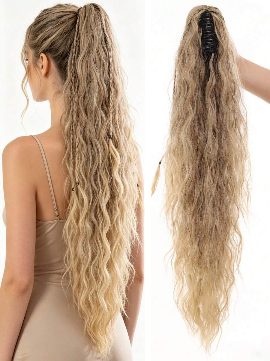 Extensión de cabello ondulado de 26 pulgadas con clip, material de fibra resistente al calor, adecuada para uso diario y fiestas - Negro - Ver 1