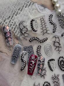5D Embossed Gothic Spine & Spider Web Nail Stickers, Silver Metallic Punk Snake Scale Nail Decals, Ultra-Thin Self-Adhesive Nail Art Supplies, 1 Sheet - Black - View 11