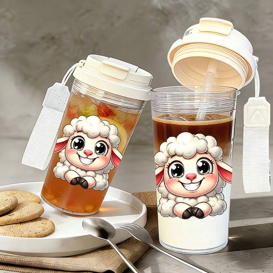1/5 Piezas Taza de viaje portátil de 500ml con patrón de oveja de dibujos animados - Taza de café transparente, botella de agua a prueba de fugas con pajita y cordón, ligera y durable, perfecta para viajes, gimnasio, oficina y escuela - Un regalo encantador y reconfortante para mujeres, estudiantes y amantes de los animales. - Multicolor - Oveja sonriente adorable - Ver 1