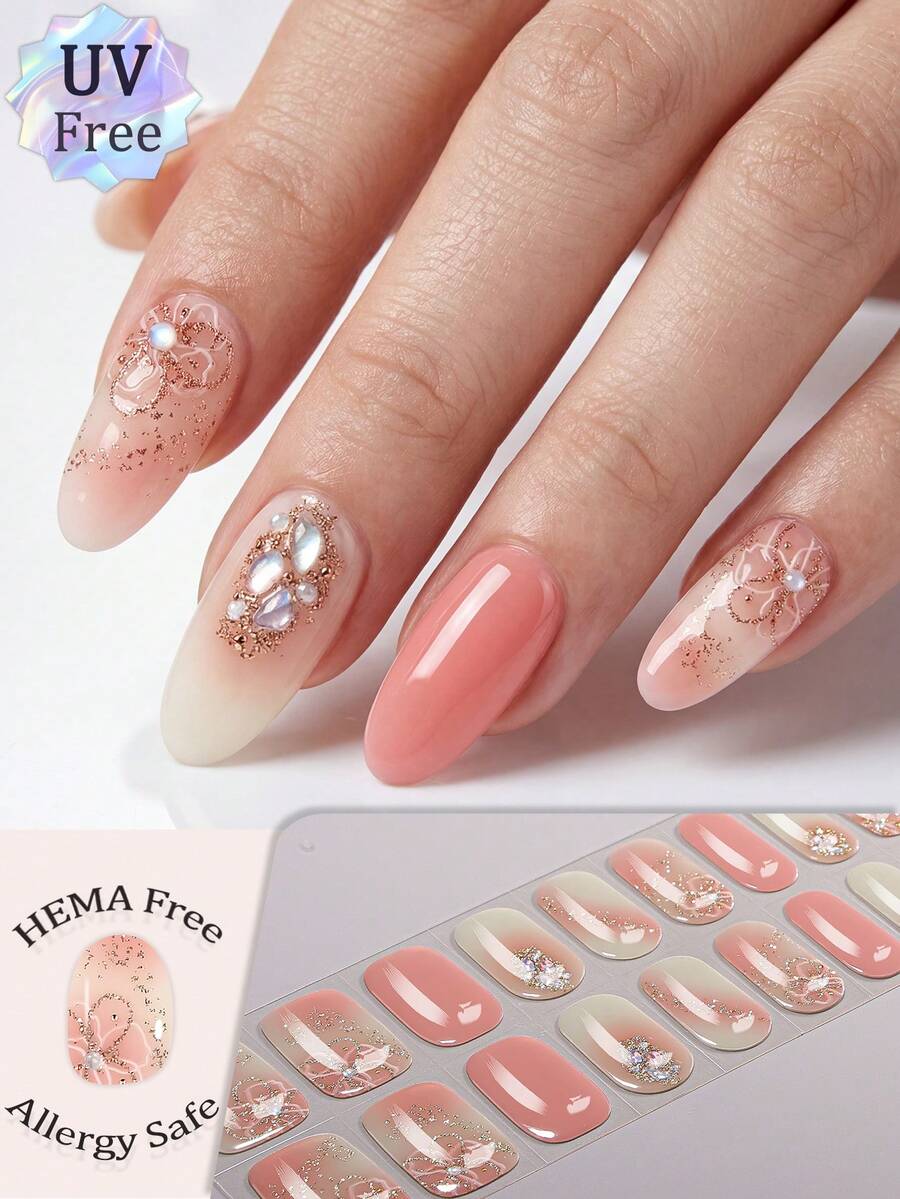 22pcs Peach Blossom Gradient Rhinestone Gel Nail Stickers, Transparent Glossy Durable Nail Decals, Versatile For Party, Gathering, Daily Wear, Travel, Photo Shoot, DIY Fashionable Manicure