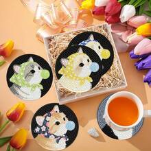 8件套DIY钻石画杯垫套装 - 可爱小猫吹泡泡，圆形闪亮钻石，强力背胶，全套工具，适合初学者，减压手工，新年、情人节、圣诞节、教师节礼物，家居装饰杯垫，送给家人、朋友、女朋友 - 彩色 - 查看 5