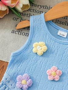 Girls Bubble Chiffon Floral Applique Hem Fringe Vest Top And Flare Leg Fringe Hem Pants 2 Pieces Set - Blue - View 6