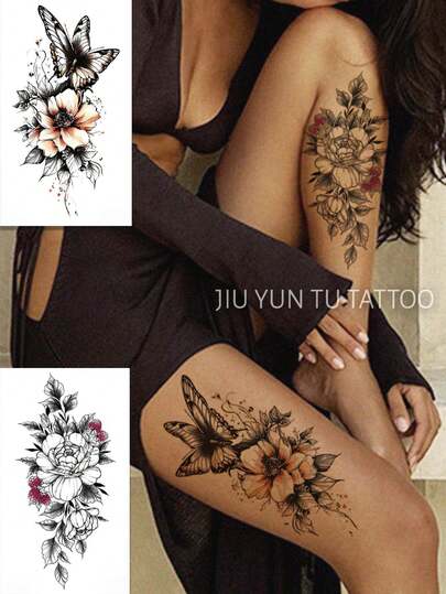 2pcs Sexy Butterfly & Floral Temporary Tattoo Stickers, Durable Floral Design For Women's Waist & Thigh, Multipurpose Unisex Body Art Fake Tattoo, Suitable For Arms, Chest, Abdomen & Back - , Easy To Apply & Remove, Daily Travel Beach Body Art Decor Sticker DIY Gift