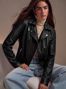 Jaqueta feminina de couro sintético, jaqueta curta casual estilo motociclista em PU preta - Preto - Ver 4