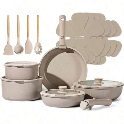 CAROTE 19pcs Pots And Pans Set Non Stick, Nonstick Cookware Set Detachable Handle, Induction Kitchen Cooking Sets With Removable Handle, RV Kitchen, Oven , Taupe