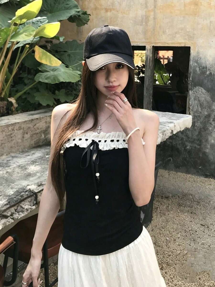 女士无袖露脐上衣,性感露背设计,黑色背心,夏季休闲装 - 黑與白 - 查看 1