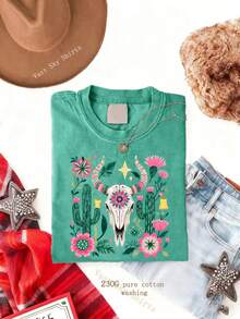 Women's Casual Cow Skull & Cactus Print Short Sleeve T-Shirt, Round Neck Polyester Top For A Boho Summer Style - 草綠色 - 查看 12