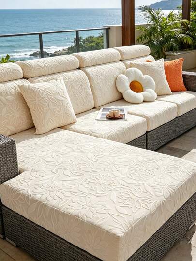 1 pieza Funda de sofá de exterior de felpa, diseño de jacquard floral, resistente al deslizamiento y lavable, apta para decoración navideña en respaldo y asiento de sofá recto en forma de L, terraza y porche