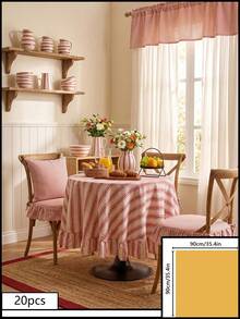 1pc Striped Ruffle Edge Round Table Decor Cloth, Vintage American Style Ruffle Edge Kitchen Decor, Round Living Room Decor Cloth, Valentine's Day Dining Table Decor - Red - View 14