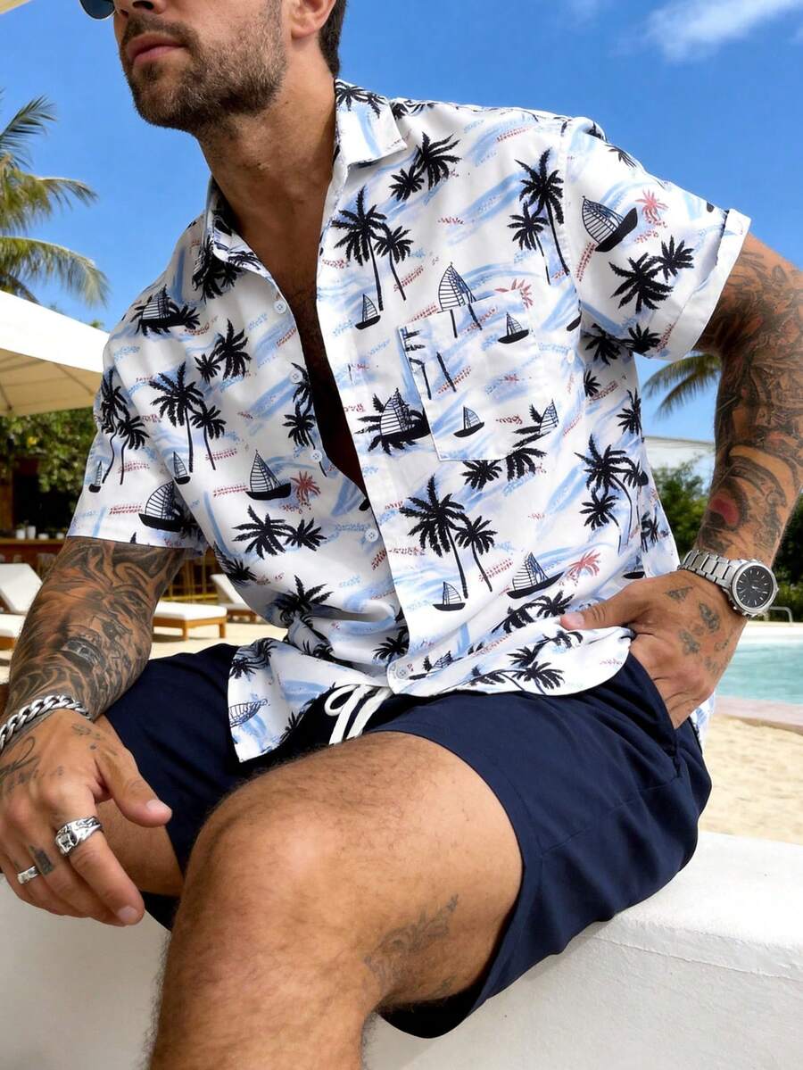Set casual di moda da uomo GOLDREDY, polo a stampa abbinata a pantaloncini con coulisse tinta unita, outfit da 2 pezzi, stile hawaiano da resort