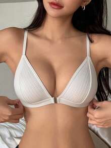 DAZY Sujetador cómodo sin aro con cierre delantero y diseño rayado sexy para lencería de novia - Blanco - Ver 2