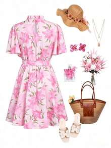 Vestido midi con cuello con volantes y estampado floral elegante para mujer, conjunto de vestidos de verano elegantes para mujer - Rosa Pálido - Ver 2