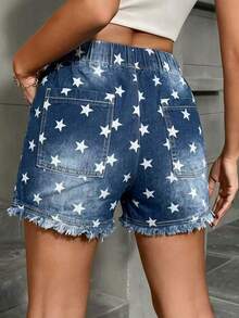 Quần short denim nữ dáng suông, không co giãn, in hình ngôi sao, có dây rút, thích hợp mặc mùa hè. - Rửa nhẹ - Xem 2