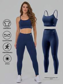 Premium Women's Fitness Set - Padded Top + Gym Leggings - Women's Gym Set - Padded Top + Premium Fabric Leggings - Women's Sports Set - Padded Top + High Quality Leggings - 藏蓝色 - 查看 1