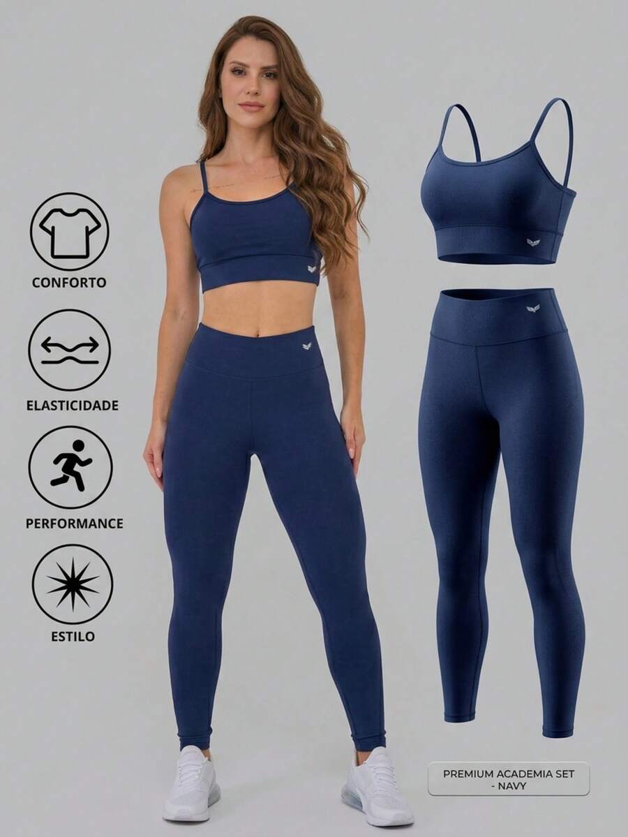 Premium Women's Fitness Set - Padded Top + Gym Leggings - Women's Gym Set - Padded Top + Premium Fabric Leggings - Women's Sports Set - Padded Top + High Quality Leggings - 藏蓝色 - 查看 1