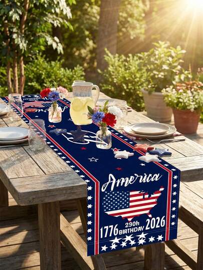 1pc 250th Anniversary America Birthday Table Runner, Polyester Fabric Patriotic Table Decor With USA Map Flag, Stars & Stripes Print, Reusable America 1776-2026 Independence Day Tablecloth For 4th Of July, Summer Holiday, Birthday Decorations, Party Decorations, Babyshower, White Table Cloth, Spring/Summer Tablecloth, Father's Day, Mother's Day Gift