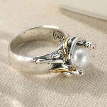 Nhẫn đồng cổ điển thủ công khảm ngọc trai giả kiểu Bohemian dành cho nữ - Bạc - Xem 5