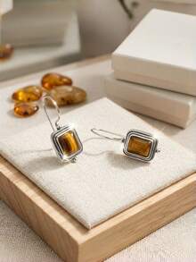Vintage Silver Tigers Eye Drop Earrings For Women Rectangle Natural Stone Dangle Earrings Elegant Antique Boho Geometric Jewelry Gift - Antique Silver - View 3