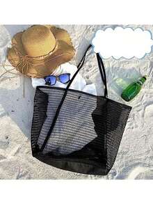 Large Capacity Women's Beach Tote Bag, Portable Mesh Beach Bag, Foldable Beach Bag With Large Capacity Mesh Tote Bag, Women's One Shoulder Summer Outdoor Travel Mesh Tote Bag, Khaki/Black, Solid Color One Shoulder Mesh Bag, Mesh Beach Toiletry Storage Bag, Lightweight And Fashionable, Suitable For Daily Use, Travel, Shopping, Swimming And Beach Vacation, Summer Outing, Beach Play And Travel Shopping - Multicolor - View 7